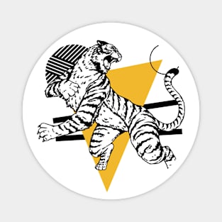 Retro Black & Gold Tiger on the Attack // Vintage Geometric Shapes Background Magnet